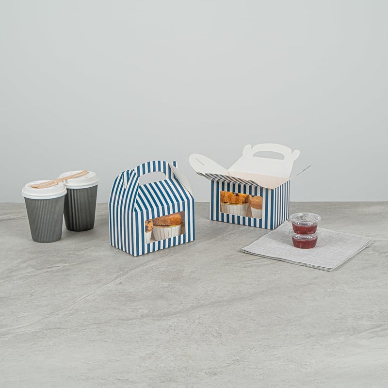 Restaurantware Bio Tek 6 x 35 x 35 Inch Gable Boxes For Party Favor 25 Striped Gift Boxes  Clear Window BuiltIn Handle Blue And White Paper Barn Boxes Disposable For Parties - Image 3