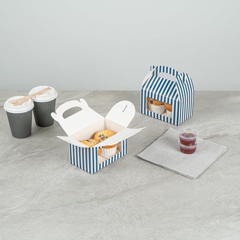 Restaurantware Bio Tek 6 x 35 x 35 Inch Gable Boxes For Party Favor 25 Striped Gift Boxes  Clear Window BuiltIn Handle Blue And White Paper Barn Boxes Disposable For Parties - Image 4