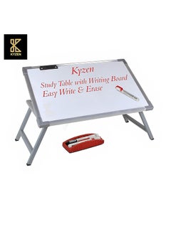 KYZEN KYZEN Adjustable Multipurpose Table with White Writing Board Paper Holding Clip 2 Marker Pens 1 Duster Ideal for Student Study Laptop and Computer Use_39L x 59 W x 24L CM_Silver Border Plus  - Image 2