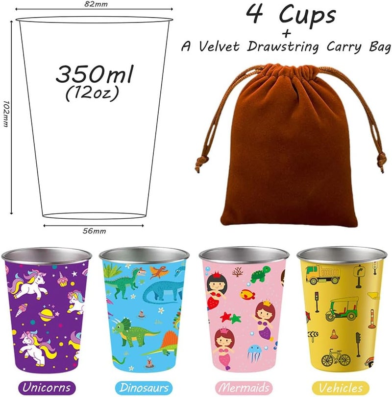 LOZACHE Stainless Steel Kids Cups 4 Pack 12oz Metal Toddler Drinking Pint Cup with Fun Prints Unicorn Mermaid Dinosaur Vehicles Dishwasher Safe Reusable for Home Party Camping Indoor and Outdoor - Image 3