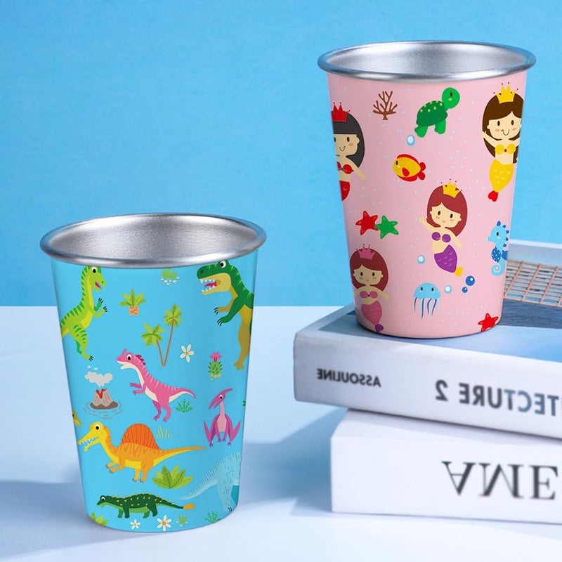 LOZACHE Stainless Steel Kids Cups 4 Pack 12oz Metal Toddler Drinking Pint Cup with Fun Prints Unicorn Mermaid Dinosaur Vehicles Dishwasher Safe Reusable for Home Party Camping Indoor and Outdoor - Image 4