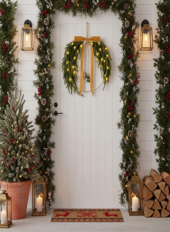 Hungdao 2 Pack 11.8" Rustic Christmas Pine Wreath with Light Bell Bow for Front Door Farmhouse Artificial Christmas Hoop Wreath for Window Wall Mantle Hanging Outdoor Indoor Decor(Norfolk Pine) - Image 5