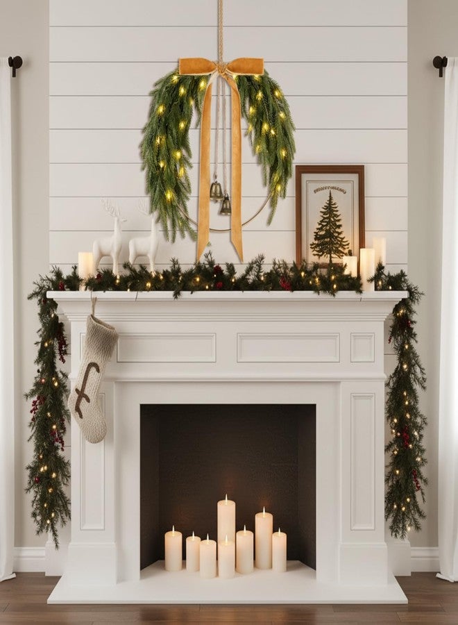 Hungdao 2 Pack 11.8" Rustic Christmas Pine Wreath with Light Bell Bow for Front Door Farmhouse Artificial Christmas Hoop Wreath for Window Wall Mantle Hanging Outdoor Indoor Decor(Norfolk Pine) - Image 4