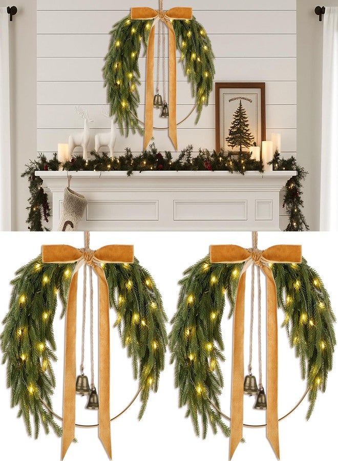 Hungdao 2 Pack 11.8" Rustic Christmas Pine Wreath with Light Bell Bow for Front Door Farmhouse Artificial Christmas Hoop Wreath for Window Wall Mantle Hanging Outdoor Indoor Decor(Norfolk Pine) - Image 1