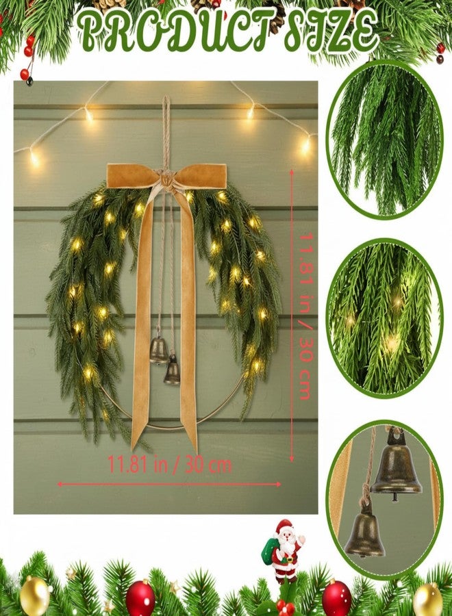 Hungdao 2 Pack 11.8" Rustic Christmas Pine Wreath with Light Bell Bow for Front Door Farmhouse Artificial Christmas Hoop Wreath for Window Wall Mantle Hanging Outdoor Indoor Decor(Norfolk Pine) - Image 2