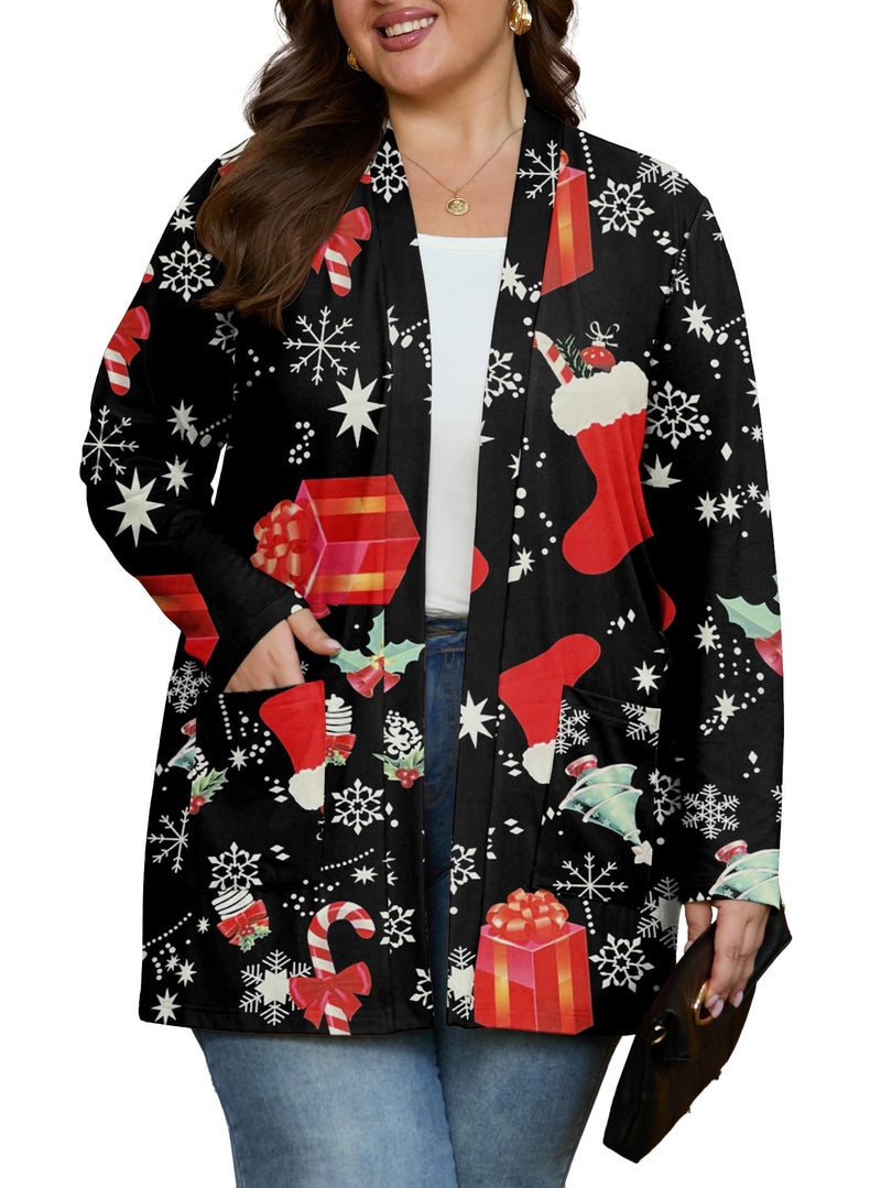 OLRIK Plus Size Christmas Cardigan For Women Trendy Plus Size Sweater Winter FP-Black Christmas Gift-3X - Image 2