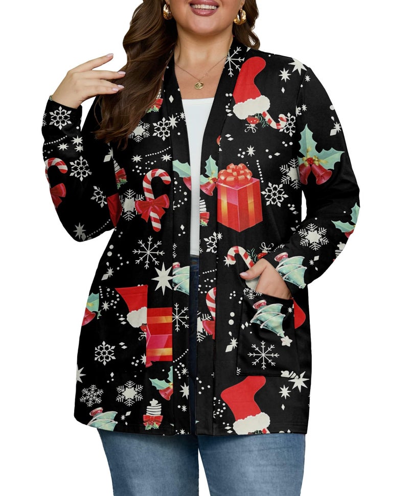 OLRIK Plus Size Christmas Cardigan For Women Trendy Plus Size Sweater Winter FP-Black Christmas Gift-3X - Image 1