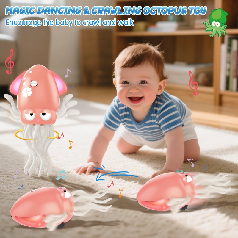 AOTIBO Baby Dancing Octopus Toy for 1 2 3 4 5 Year Old Boy Girl, Baby Tummy Time Electric Crawling Octopus Toys 12-18 Months, Dancing Squid Toy for Walking Toddlers, Kids 1st Birthday Gifts, Pink - Image 2