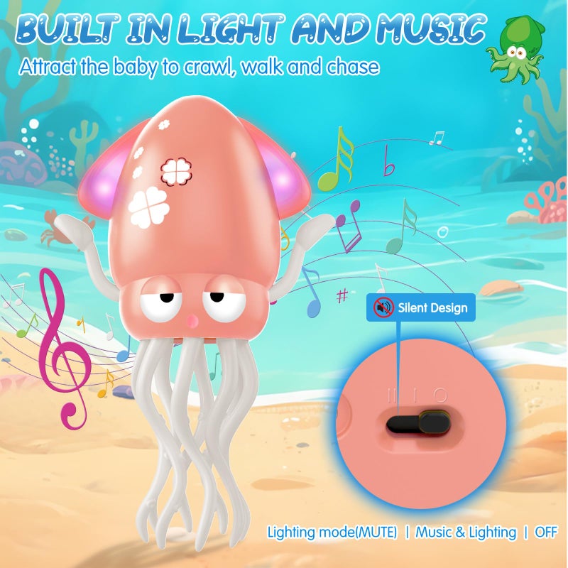 AOTIBO Baby Dancing Octopus Toy for 1 2 3 4 5 Year Old Boy Girl, Baby Tummy Time Electric Crawling Octopus Toys 12-18 Months, Dancing Squid Toy for Walking Toddlers, Kids 1st Birthday Gifts, Pink - Image 4