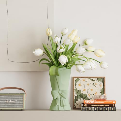 Relexome Green Ceramic Bow Vase 9.64 in Unique Cute Modern Decorative Bouquet Flower Vases for Home Living Room Table Decor Women Girl Gifts - Image 3