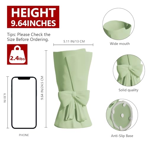 Relexome Green Ceramic Bow Vase 9.64 in Unique Cute Modern Decorative Bouquet Flower Vases for Home Living Room Table Decor Women Girl Gifts - Image 2