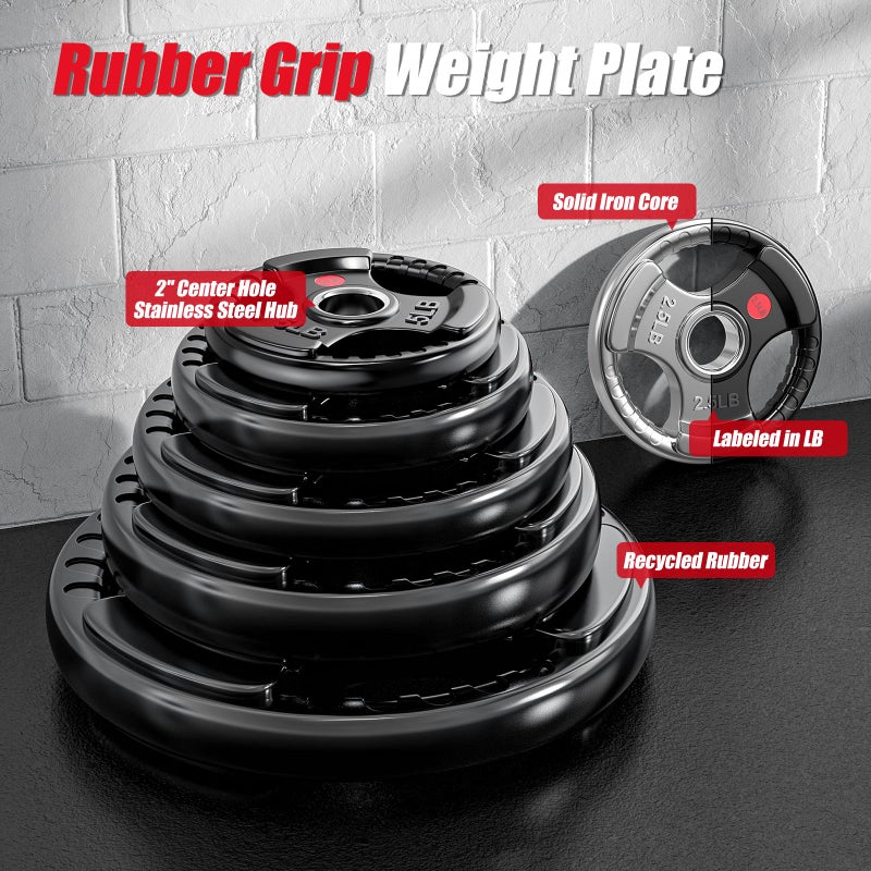 Gikpal Olympic Weight Plates, 2-Inch Three-Grip Rubber Coated Barbell Plates with Steel Hub, Cast Iron Weights for Strength Training & Home Gym, Pair or Sets (2.5â€“45LB) - Image 3