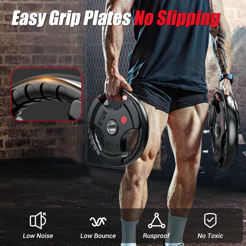 Gikpal Olympic Weight Plates, 2-Inch Three-Grip Rubber Coated Barbell Plates with Steel Hub, Cast Iron Weights for Strength Training & Home Gym, Pair or Sets (2.5â€“45LB) - Image 4