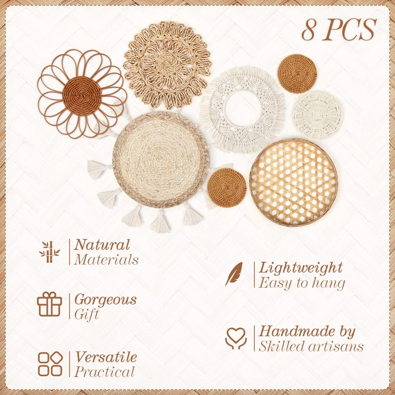 Marsui Set of 8 Boho Wall Hanging Set - Woven Rattan, Bamboo Baskets with Macrame Tassels & Tapestry for Bedroom, Living Room, Nursery Decor - Image 2