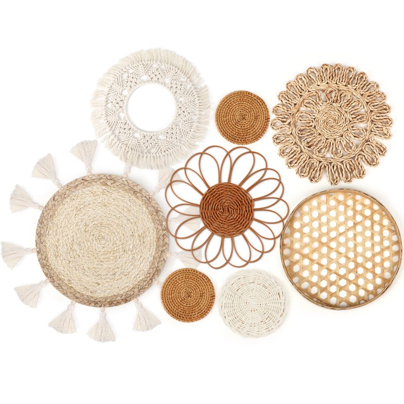 Marsui Set of 8 Boho Wall Hanging Set - Woven Rattan, Bamboo Baskets with Macrame Tassels & Tapestry for Bedroom, Living Room, Nursery Decor - Image 1