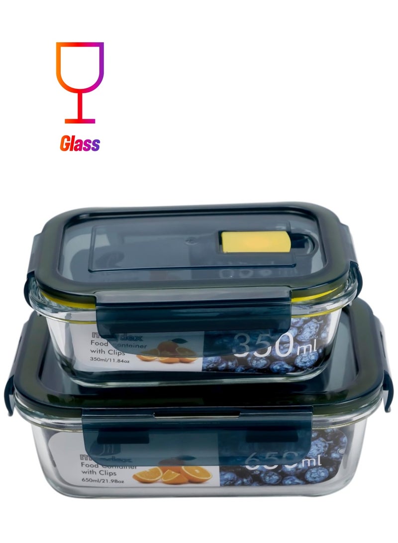 Mondex طقم حفظ الطعام من زجاج البورسليكات من موندكس 2 قطعة حاوية تخزين الطعام صندوق غداء مع فتحات تهوية - سعة 350 مل + 650 مل، فتحات هواء قابلة للفتح وآمنة، أختام سيليكون، أغطية بلاستيكية - Image 1