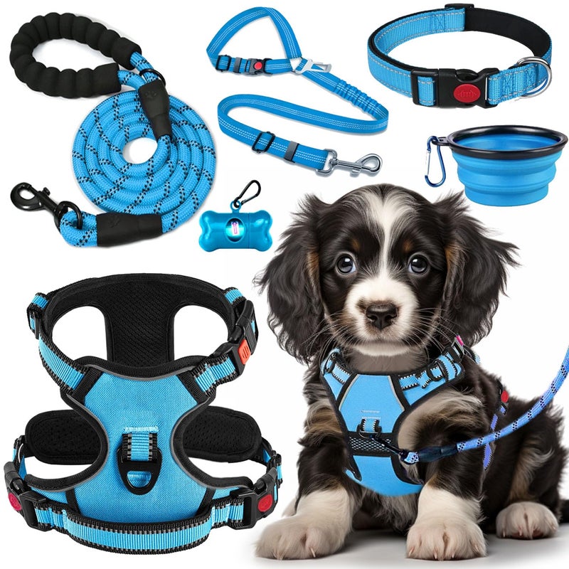 LOBEVE No Pull Dog Harness, Collar & Leash Set with Retractable Dog Seat Belt, Collapsible Dog Bowls and Poop Bag Dispenser - Ideal for Training, Walking, Hiking - Fits Small to Large Dogs(Blue-M) - Image 1