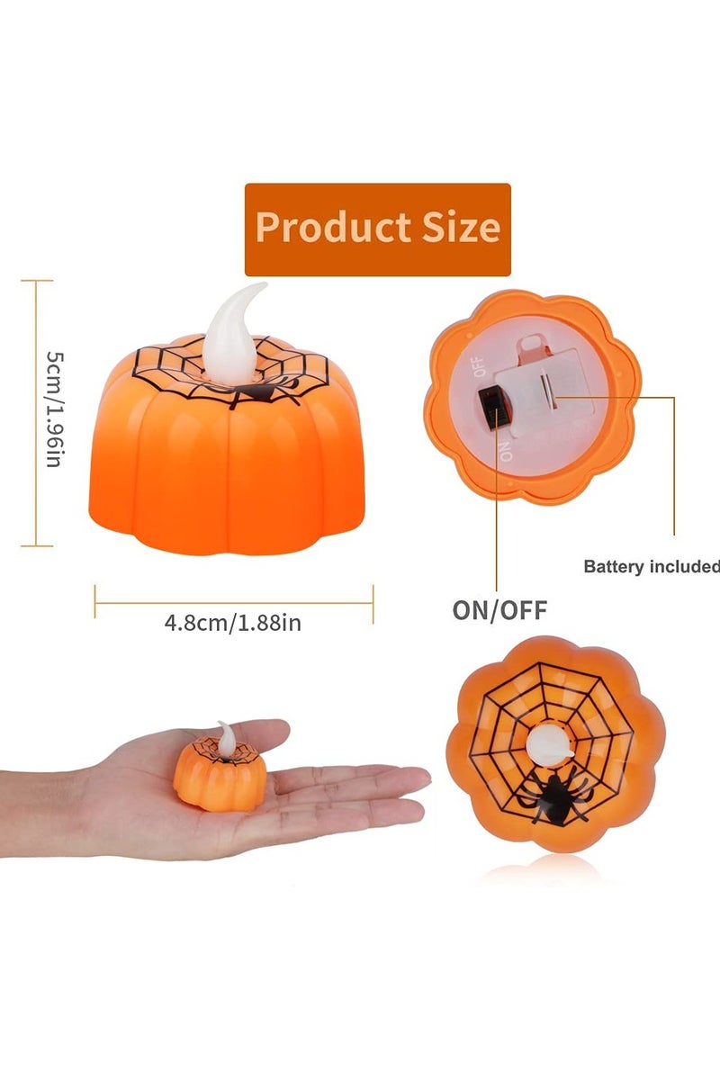 Chielor 12 Pack Halloween Pumpkin Tealights Candles with Spider Web Decor, LED Pumpkin Lights, Flame Less Candle Battery Operated Lanterns Table Decorations for  Halloween, Indoor and Outdoor Home Décor - Image 2
