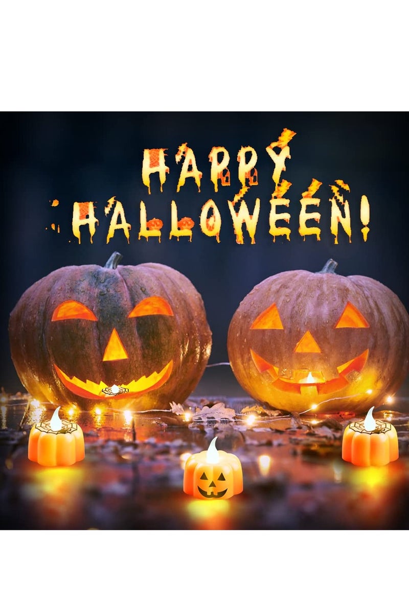 Chielor 12 Pack Halloween Pumpkin Tealights Candles with Spider Web Decor, LED Pumpkin Lights, Flame Less Candle Battery Operated Lanterns Table Decorations for  Halloween, Indoor and Outdoor Home Décor - Image 4