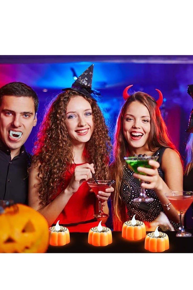 Chielor 12 Pack Halloween Pumpkin Tealights Candles with Spider Web Decor, LED Pumpkin Lights, Flame Less Candle Battery Operated Lanterns Table Decorations for  Halloween, Indoor and Outdoor Home Décor - Image 5