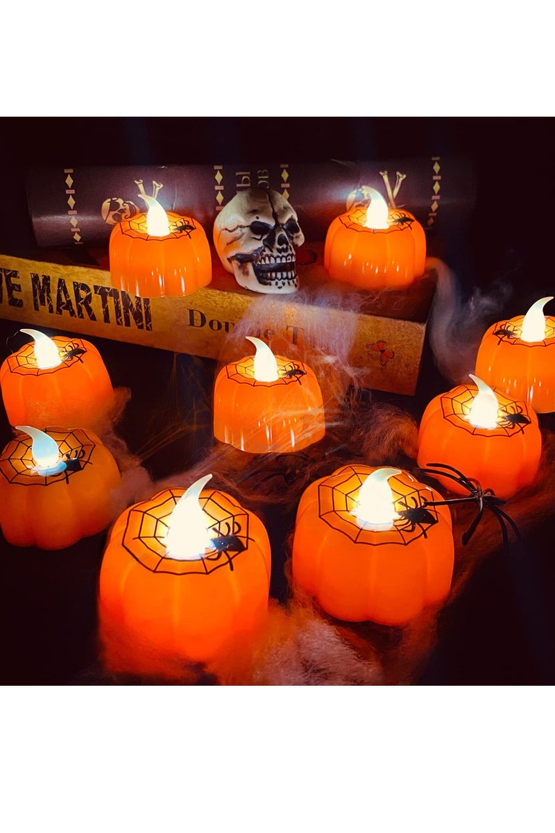 Chielor 12 Pack Halloween Pumpkin Tealights Candles with Spider Web Decor, LED Pumpkin Lights, Flame Less Candle Battery Operated Lanterns Table Decorations for  Halloween, Indoor and Outdoor Home Décor - Image 1