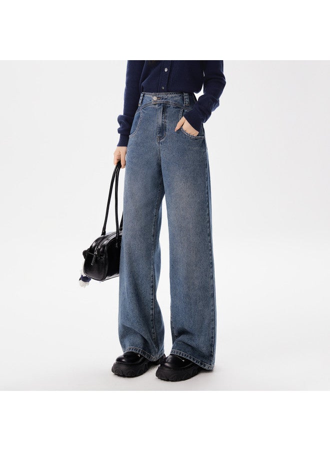 EPTISON جينز مستقيم الساق للنساء، خريف ريترو كاجوال، تصميم خط انقسام حزام الخصر، بنطلون جينز أنيق - Image 3