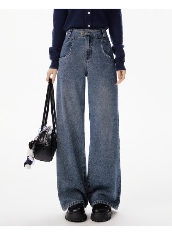 EPTISON جينز مستقيم الساق للنساء، خريف ريترو كاجوال، تصميم خط انقسام حزام الخصر، بنطلون جينز أنيق - Image 1