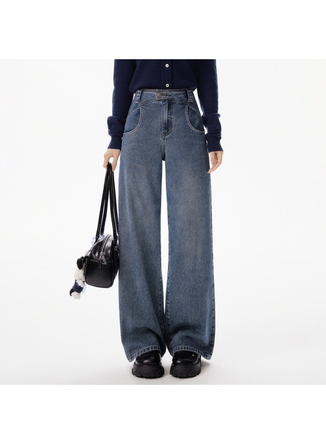 EPTISON جينز مستقيم الساق للنساء، خريف ريترو كاجوال، تصميم خط انقسام حزام الخصر، بنطلون جينز أنيق - Image 2