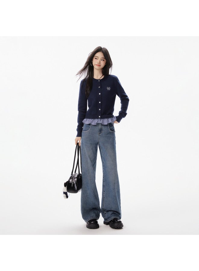 EPTISON جينز مستقيم الساق للنساء، خريف ريترو كاجوال، تصميم خط انقسام حزام الخصر، بنطلون جينز أنيق - Image 4