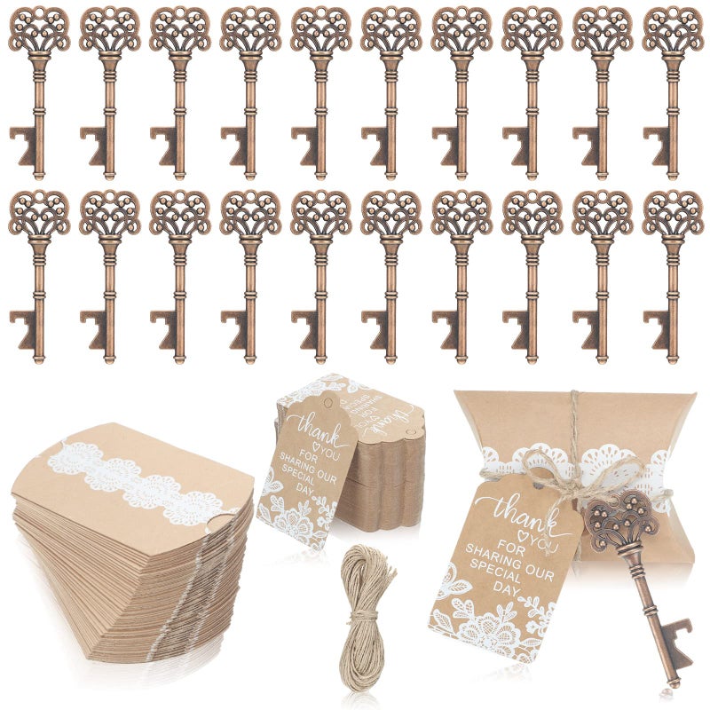 Yahenda 100 Sets Vintage Key Bottle Openers for Wedding Favors and Guests - Bulk Rustic Souvenir Gift With Thank You Tag, Jute Rope, Lace Candy Box for Party - Image 1