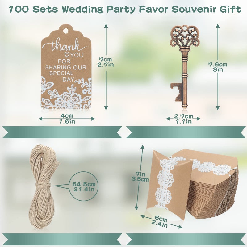 Yahenda 100 Sets Vintage Key Bottle Openers for Wedding Favors and Guests - Bulk Rustic Souvenir Gift With Thank You Tag, Jute Rope, Lace Candy Box for Party - Image 2