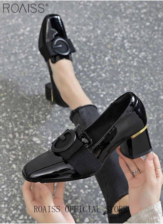 roaiss Fashion Office Ladies Shoes Women PU Leather Pumps Shoes British Style Square Toe Leather Shoes Mid Heel Chunky Heel Women's Formal Shoes  - Image 3