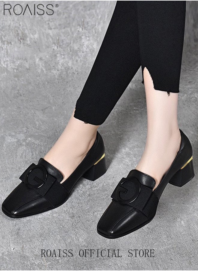 roaiss Fashion Office Ladies Shoes Women PU Leather Pumps Shoes British Style Square Toe Leather Shoes Mid Heel Chunky Heel Women's Formal Shoes  - Image 2