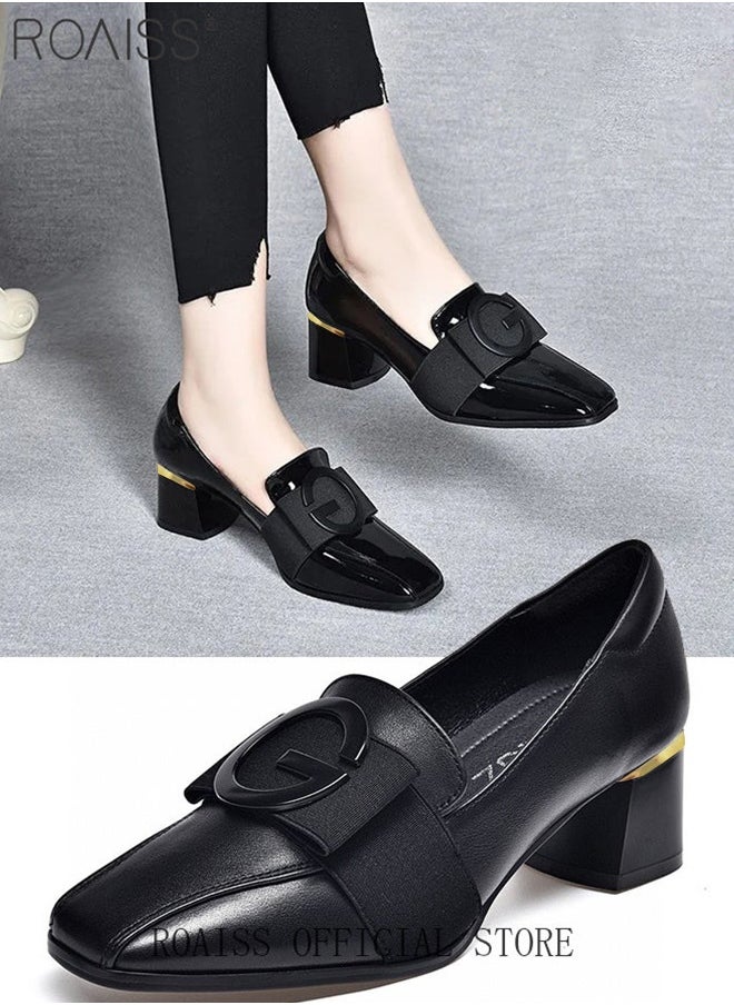 roaiss Fashion Office Ladies Shoes Women PU Leather Pumps Shoes British Style Square Toe Leather Shoes Mid Heel Chunky Heel Women's Formal Shoes  - Image 1
