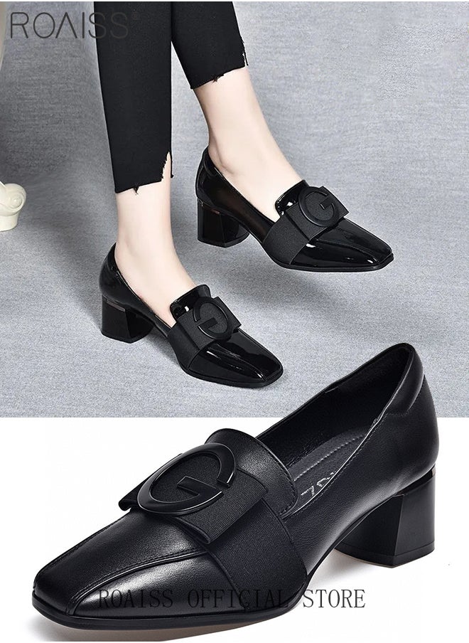 roaiss Fashion Office Ladies Shoes Women Pu Leather Pumps Shoes British Style Square Toe Leather Shoes Mid Heel Chunky Heel Women's Shoes  - Image 1