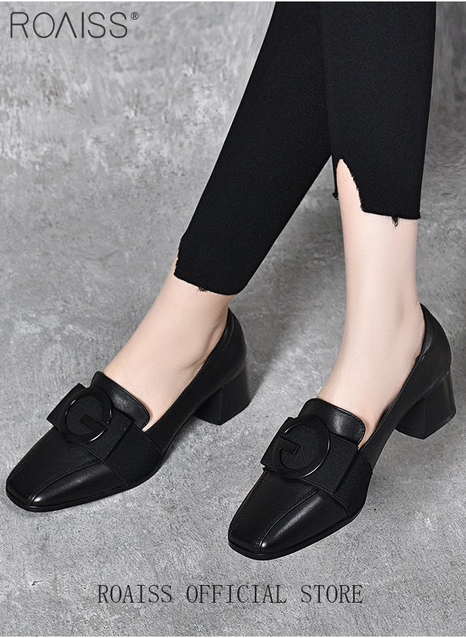 roaiss Fashion Office Ladies Shoes Women Pu Leather Pumps Shoes British Style Square Toe Leather Shoes Mid Heel Chunky Heel Women's Shoes  - Image 4