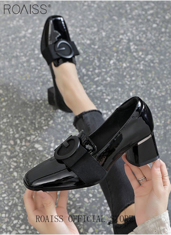 roaiss Fashion Office Ladies Shoes Women Pu Leather Pumps Shoes British Style Square Toe Leather Shoes Mid Heel Chunky Heel Women's Shoes  - Image 3