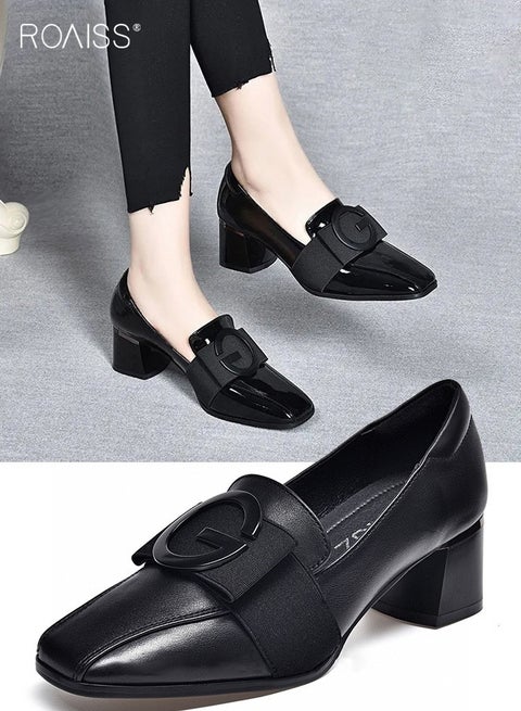 Fashion Office Ladies Shoes Women's PU Leather Pump Square Toe, Mid Heel Chunky Heel for Office Wear Comfortable Breathable and Non-slip Suitable for Daily Wear Black