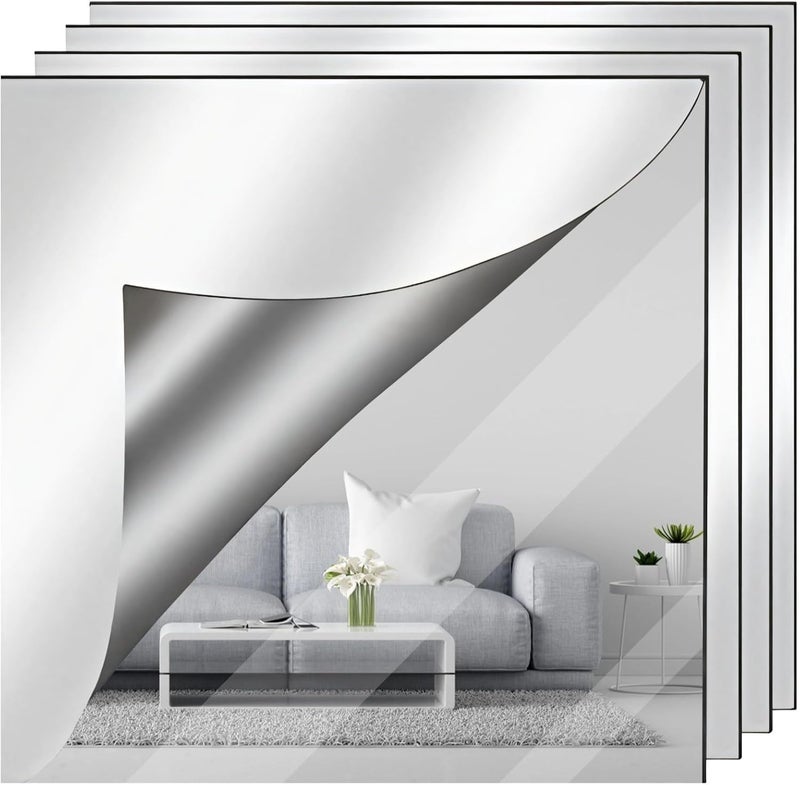 Self-Adhesive Silver Mirror Acrylic Sheets, 11.8X11.8 Inches, 4 Pack, Flexible & Safety-Certified for Wall Decoration - Image 1