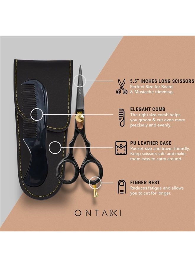 Ontaki مقص لحية وشوارب محترف من الفولاذ الياباني 5.5 بوصة - مقصات حلاق يدوية الصنع للرجال بدقة - مقصات لتشذيب اللحى والشوارب والغرّة والشعر والحيوانات الأليفة (ذهبي وأسود) - Image 3