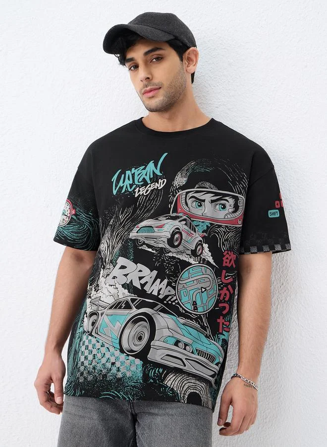 The Souled Store Men Black Graphic Print Oversized T-Shirt