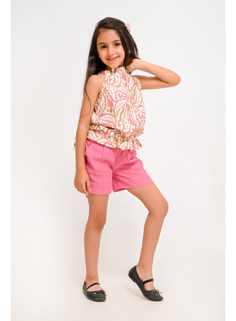 Girls Printed Wavy Halter Neck Top and Shorts Set - Image 1