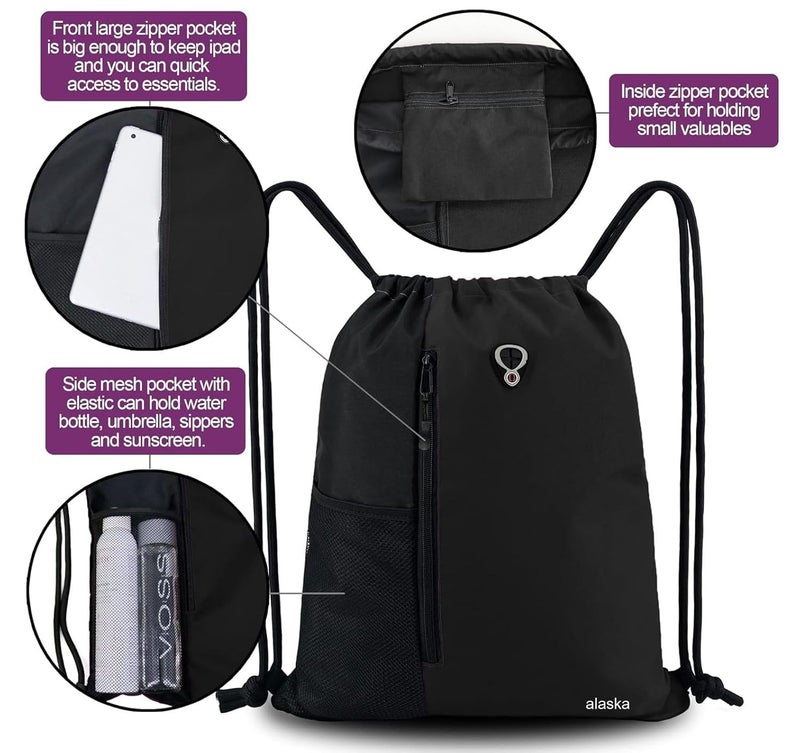 ALASKA ® Drawstring Backpack Sports Gym Bag Large Size (18 Inch x 14 Inch) for Women & Men, Large Size With Two Zipper Pockets and Water Bottle Mesh Pocket. - Image 4