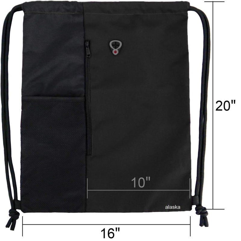 ALASKA ® Drawstring Backpack Sports Gym Bag Large Size (18 Inch x 14 Inch) for Women & Men, Large Size With Two Zipper Pockets and Water Bottle Mesh Pocket. - Image 2