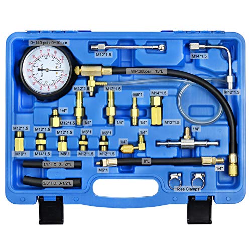 YSTOOL Fuel Pressure Tester Gauge Kit 140PSI Automotive Engine Injector Pump Test Gasoline Gas Injection Manometer Tool Set with Inline Fitting Schrader Adapter for Auto Car Motorcycle (Blue Case) - Image 2