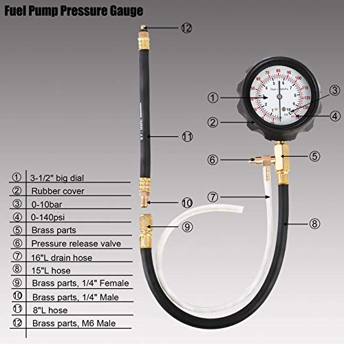 YSTOOL Fuel Pressure Tester Gauge Kit 140PSI Automotive Engine Injector Pump Test Gasoline Gas Injection Manometer Tool Set with Inline Fitting Schrader Adapter for Auto Car Motorcycle (Blue Case) - Image 4