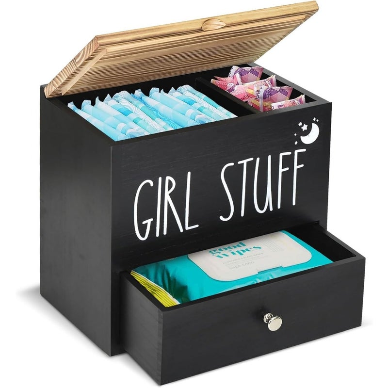 Tampon Holder for Bathroom, Wood Feminine Product Organizer with Drawer and Lid, Pad and Tampon Organizer Bathroom Box, Tampon Storage Container for Bathroom - Image 1