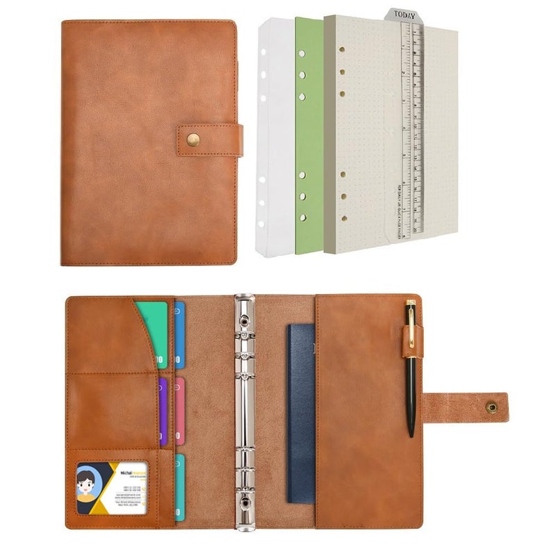 WONDERPOOL Leather Journal Refillable Notebook Spiral Diary Binder Portfolio - A5 Dotted Paper & Inner Pockets for Travel Work and Personal Organizer (Brown, A5) - Image 1