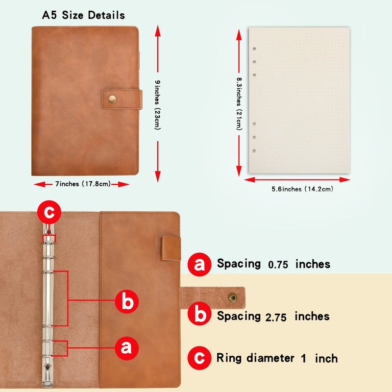 WONDERPOOL Leather Journal Refillable Notebook Spiral Diary Binder Portfolio - A5 Dotted Paper & Inner Pockets for Travel Work and Personal Organizer (Brown, A5) - Image 2