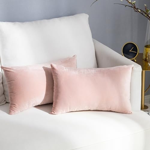 Stellhome Pack of 2 Super Soft Throw Pillow Covers Rectangle Solid Velvet Pillowcase for Bed Couch Sofa Bench, 12 x 20 inch (30 x 50 cm), Pink - Image 1